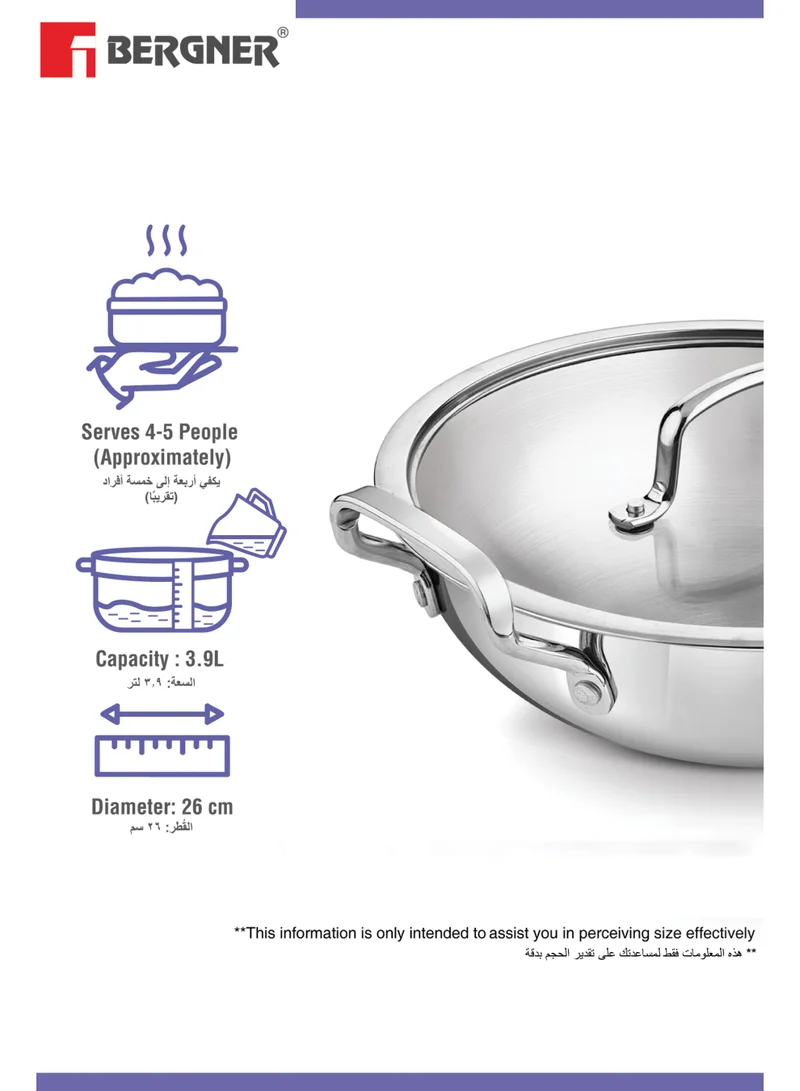 بيرجنر Bergner 26cm (3.9L) Triply Stainless Steel Stir-Fry Pan with Glass Lid, Deep Fry Pan for Healthy Cooking, Less Oil Use, Full Induction Base Wok, Even Heat Triply Cookware Kadhai, Deep Sauté Pan